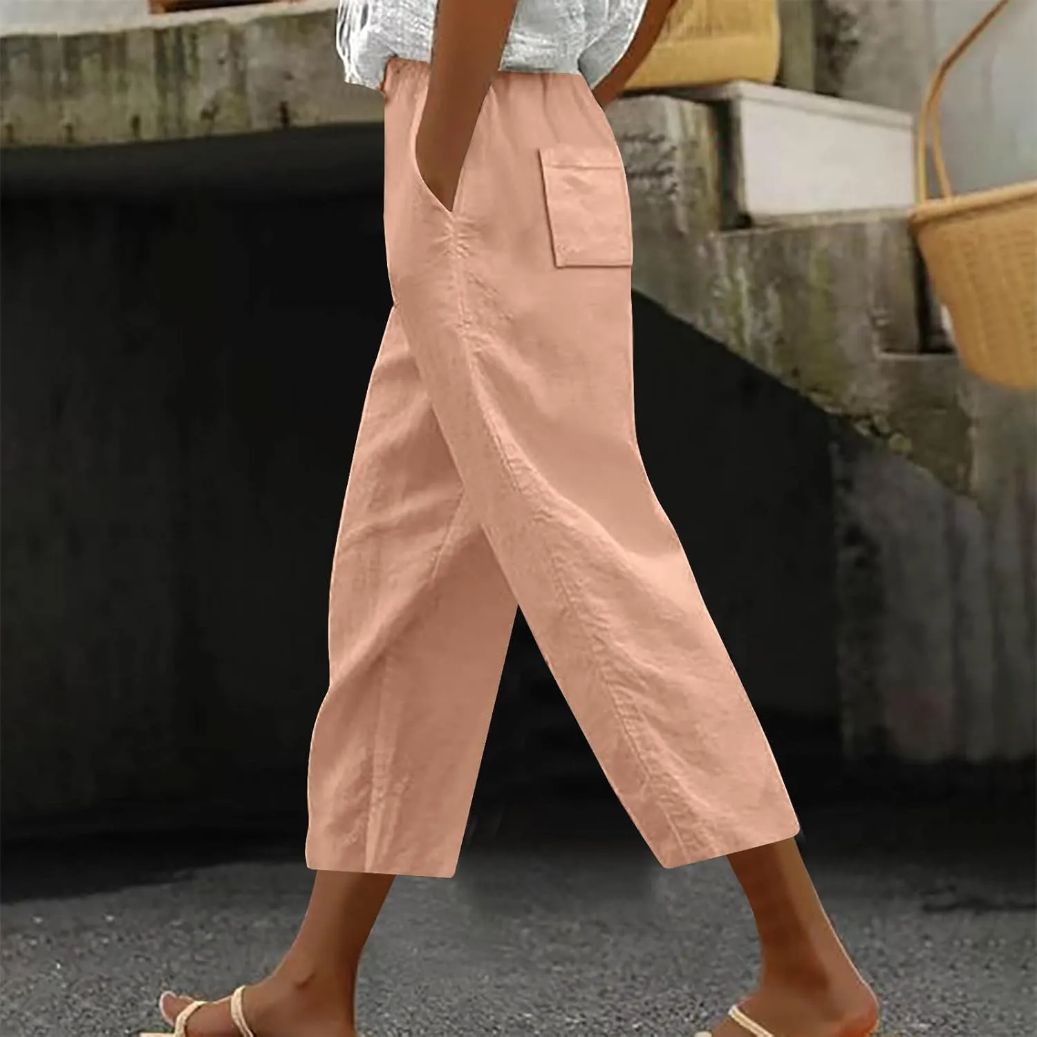 Loose Casual Harlan Pants for Women Drawstring Waist Wide Leg Lounge Pant Summer Casual Cropped Trousers with Pockets