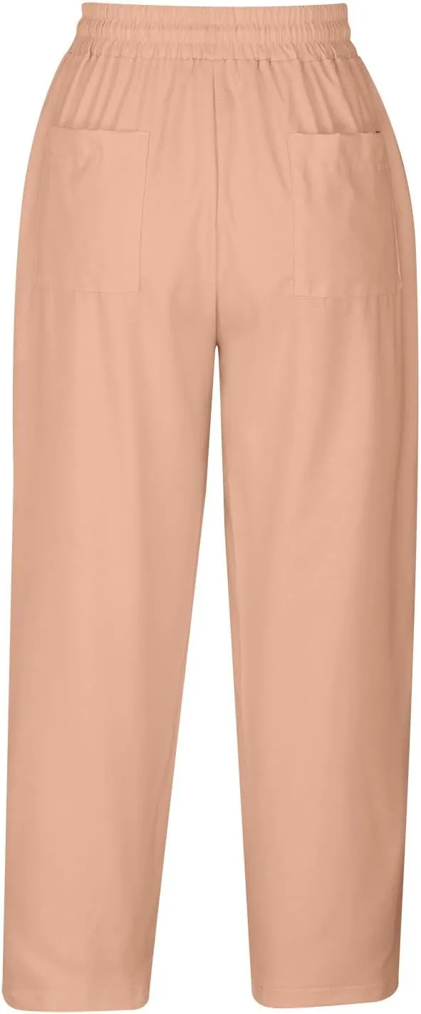 Loose Casual Harlan Pants for Women Drawstring Waist Wide Leg Lounge Pant Summer Casual Cropped Trousers with Pockets