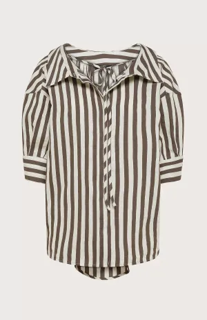 Loose Striped Linen Blend Shirt In Brown And Cream