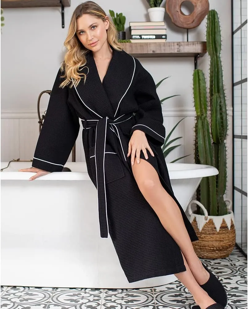 Lotus Linen Waffle Robes for Women – Lightweight Cotton Kimono Robe with Slippers, Summer Bathrobe for Shower, Spa, Gift