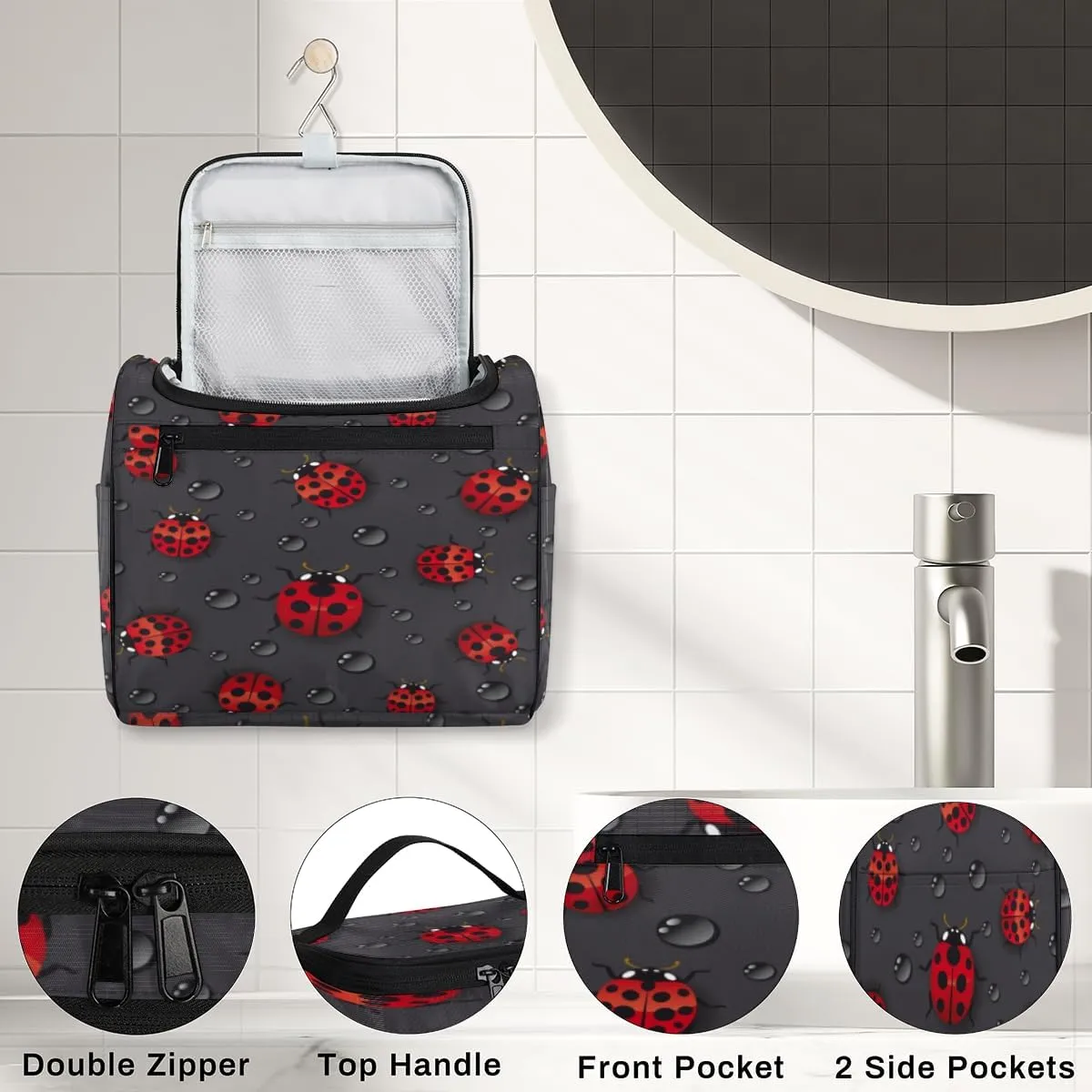 Lovely Ladybugs Hanging Toiletry Bag for Men Women Travel Cosmetic Makeup Organizer Bag Water Resistant Large Portable Wash Case for Accessories, Toiletries, Cosmetics