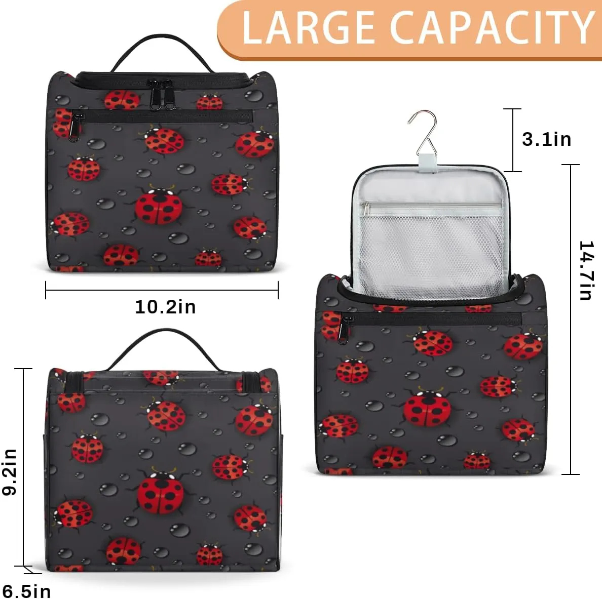 Lovely Ladybugs Hanging Toiletry Bag for Men Women Travel Cosmetic Makeup Organizer Bag Water Resistant Large Portable Wash Case for Accessories, Toiletries, Cosmetics