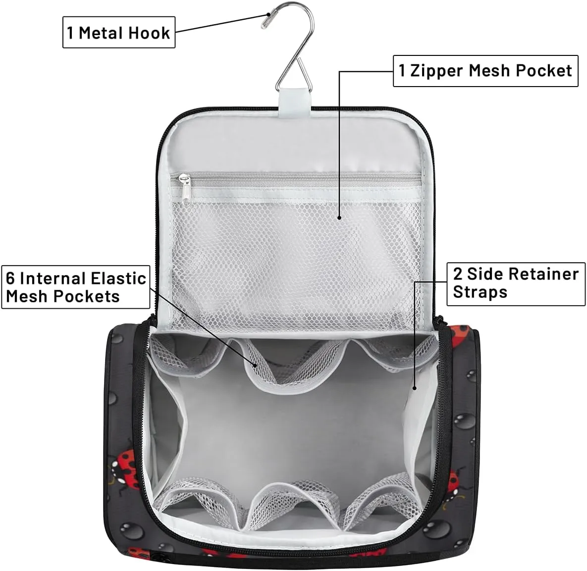 Lovely Ladybugs Hanging Toiletry Bag for Men Women Travel Cosmetic Makeup Organizer Bag Water Resistant Large Portable Wash Case for Accessories, Toiletries, Cosmetics