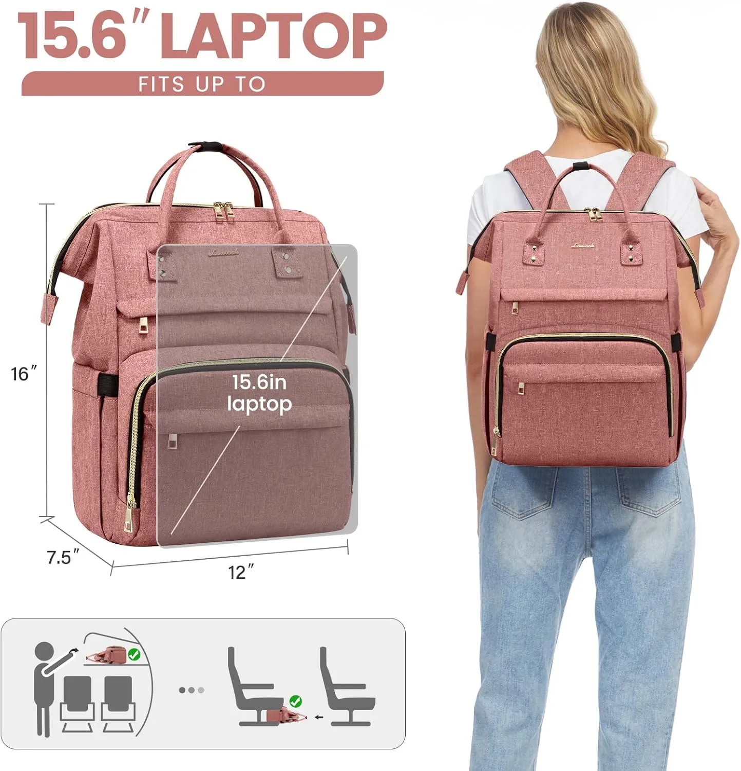 LOVEVOOK Laptop Backpack for Women, 15.6 Inch Professional Womens Travel Backpack Purse Computer Bag, Waterproof College Work Bag Carry On with USB Port, Light-pink