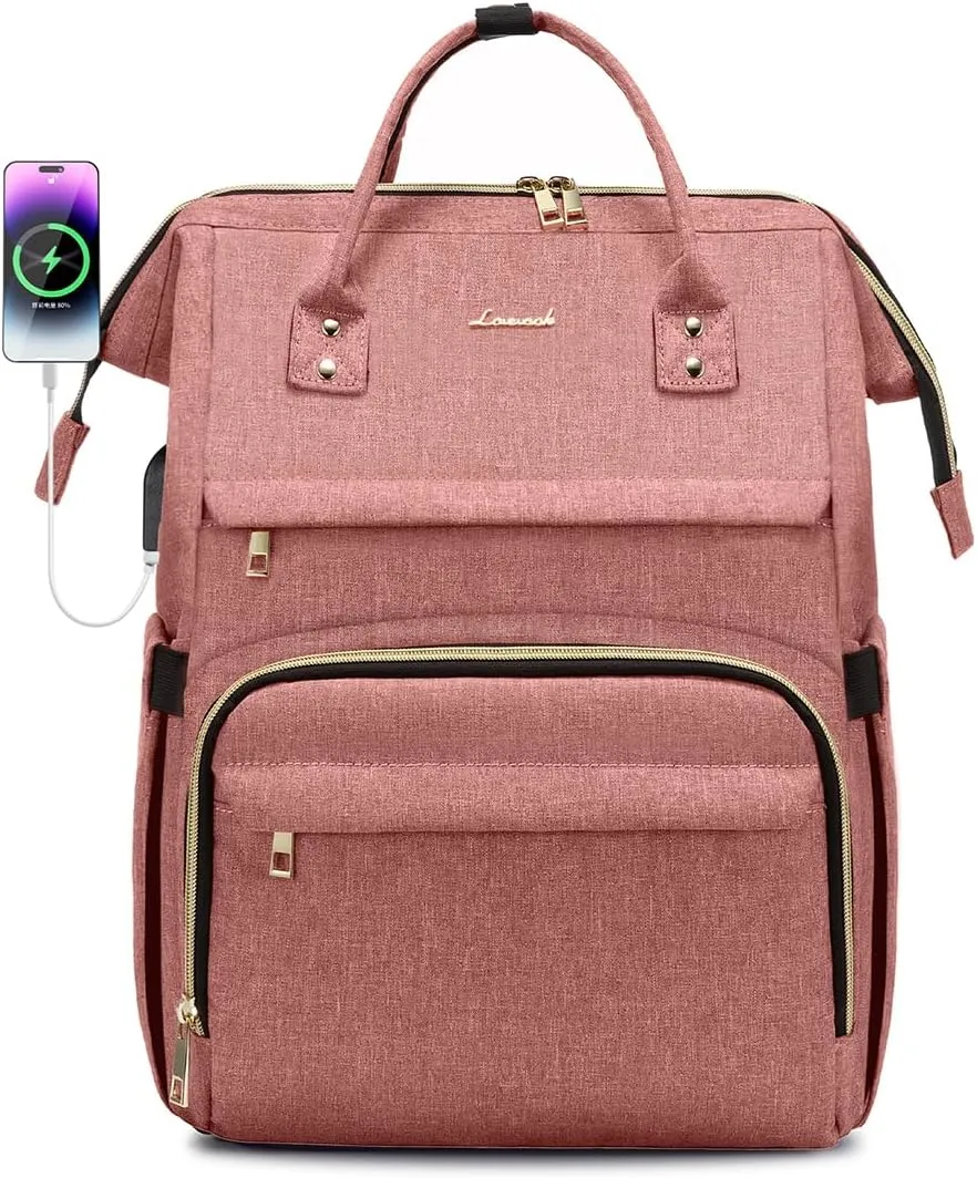 LOVEVOOK Laptop Backpack for Women, 15.6 Inch Professional Womens Travel Backpack Purse Computer Bag, Waterproof College Work Bag Carry On with USB Port, Light-pink