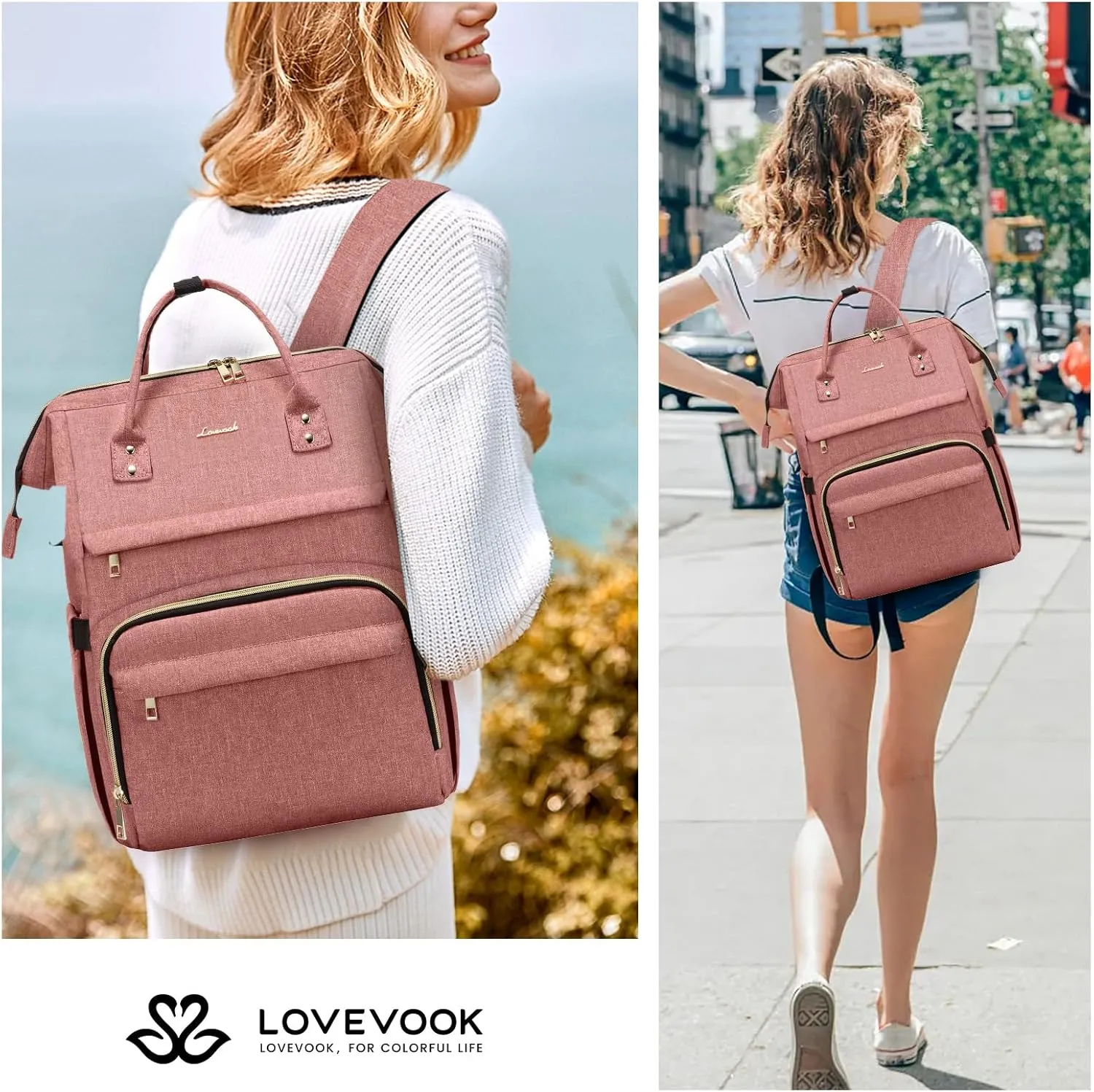 LOVEVOOK Laptop Backpack for Women, 15.6 Inch Professional Womens Travel Backpack Purse Computer Bag, Waterproof College Work Bag Carry On with USB Port, Light-pink