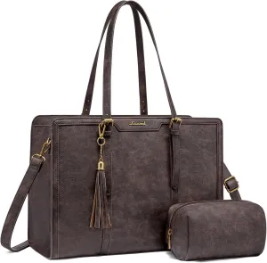 LOVEVOOK Laptop Bag for Women Vintage Leather Laptop Tote 15.6 inch Large Capacity Computer bag with Clutch Purse for Work