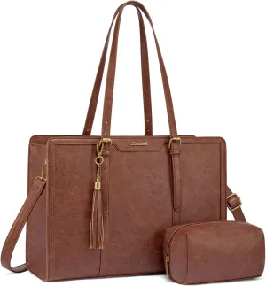 LOVEVOOK Laptop Bag for Women Vintage Leather Laptop Tote 15.6 inch Large Capacity Computer bag with Clutch Purse for Work
