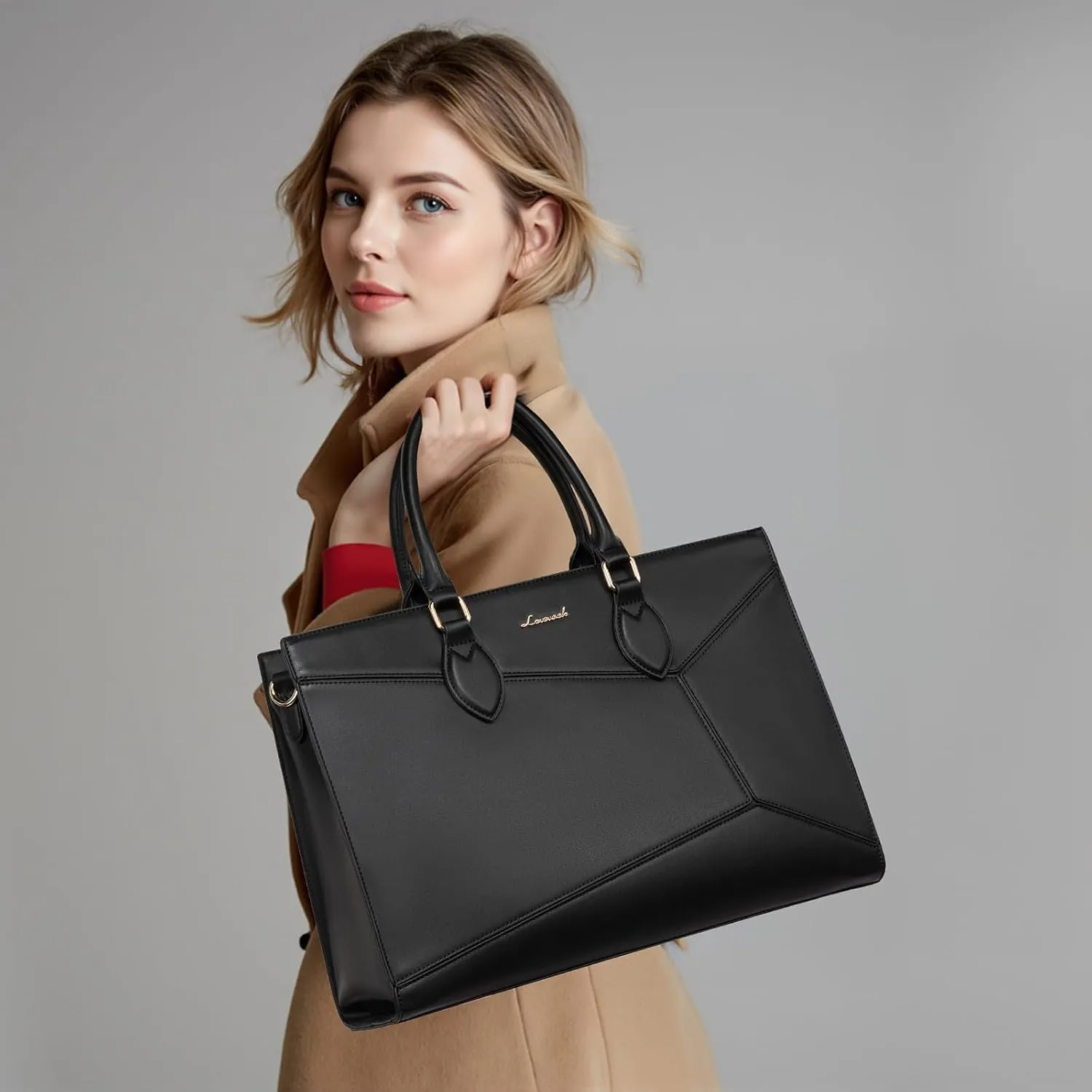 LOVEVOOK Laptop Bag for Women,15.6 lnch Waterproof Lightweight Leather Tote Bag,Professional Business Office Work Bags with Clutch Purse,Large Capacity Computer Shoulder Handbag,Black