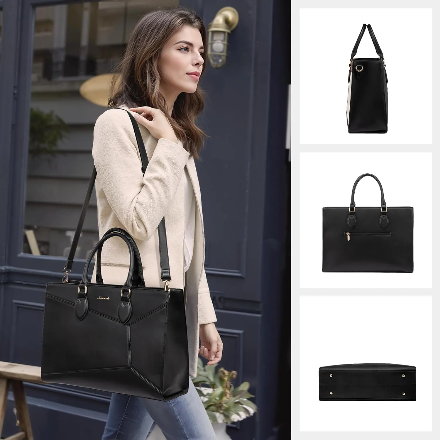 LOVEVOOK Laptop Bag for Women,15.6 lnch Waterproof Lightweight Leather Tote Bag,Professional Business Office Work Bags with Clutch Purse,Large Capacity Computer Shoulder Handbag,Black