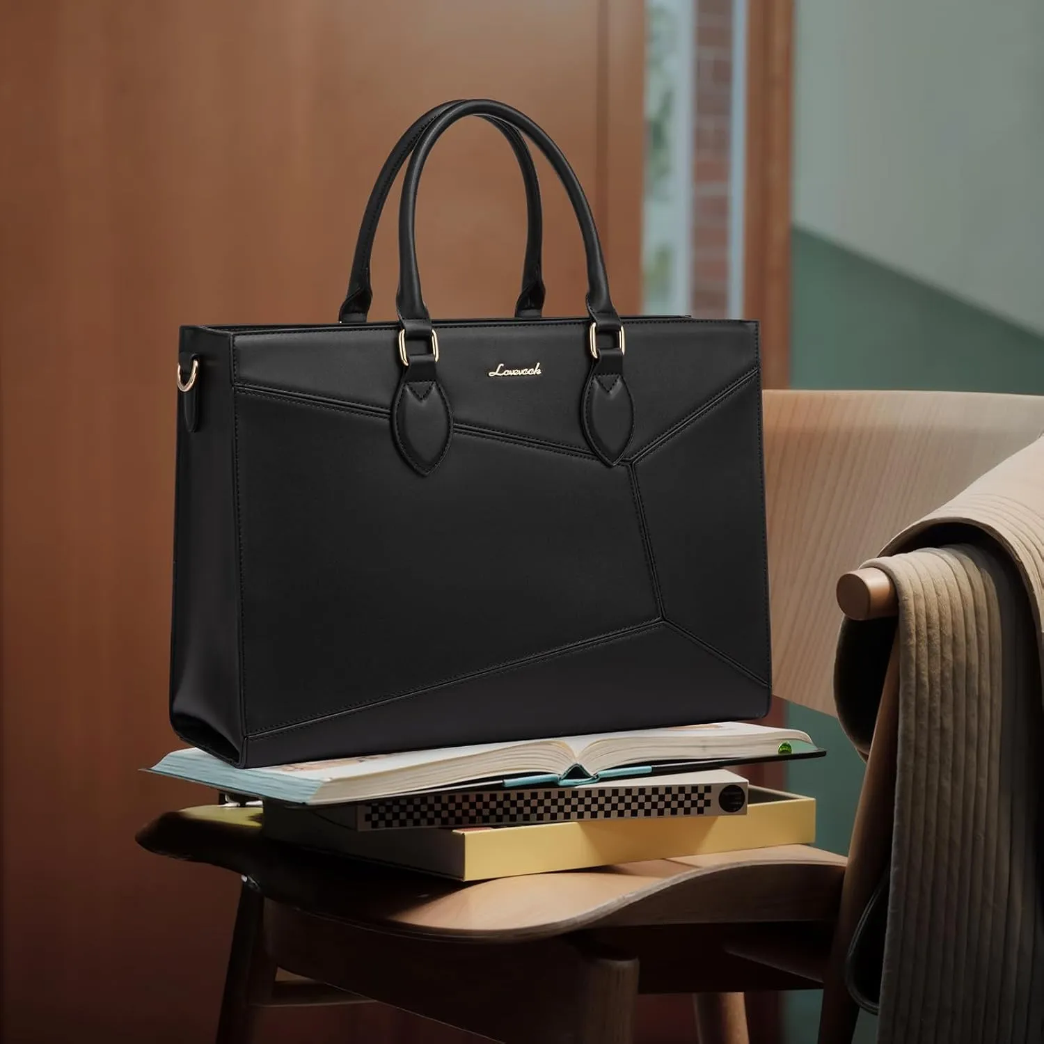 LOVEVOOK Laptop Bag for Women,15.6 lnch Waterproof Lightweight Leather Tote Bag,Professional Business Office Work Bags with Clutch Purse,Large Capacity Computer Shoulder Handbag,Black