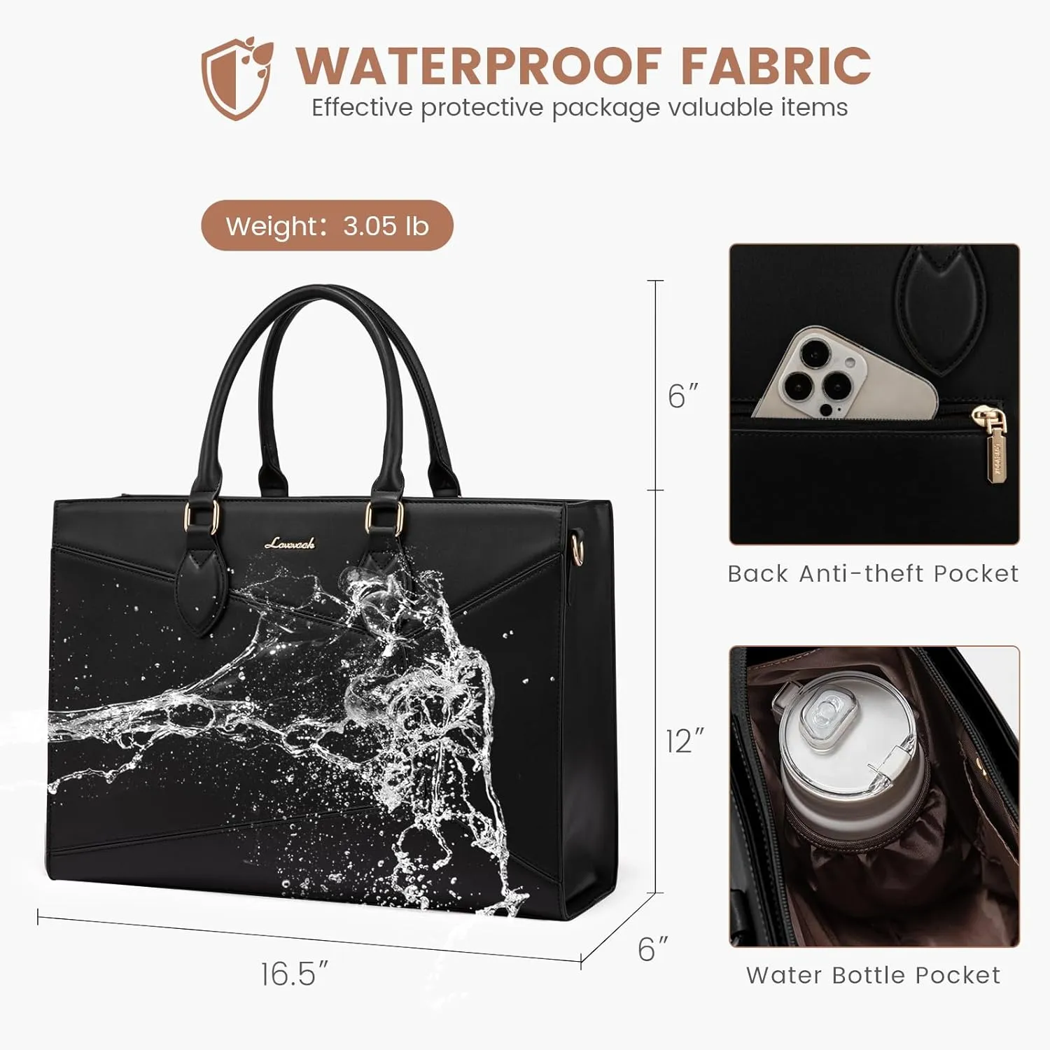 LOVEVOOK Laptop Bag for Women,15.6 lnch Waterproof Lightweight Leather Tote Bag,Professional Business Office Work Bags with Clutch Purse,Large Capacity Computer Shoulder Handbag,Black