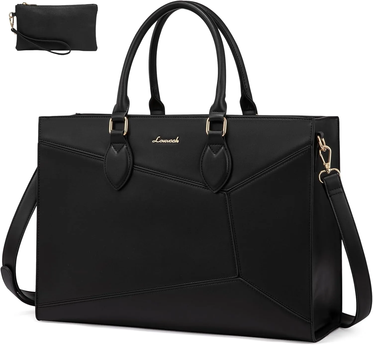 LOVEVOOK Laptop Bag for Women,15.6 lnch Waterproof Lightweight Leather Tote Bag,Professional Business Office Work Bags with Clutch Purse,Large Capacity Computer Shoulder Handbag,Black