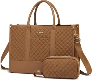 LOVEVOOK Laptop Bags for Women, 15.6 inch Waterproof Work Tote Bag with Clutch, Professional Teacher Computer Purse Lightweight Shoulder Bag Travel, Quilted Brown