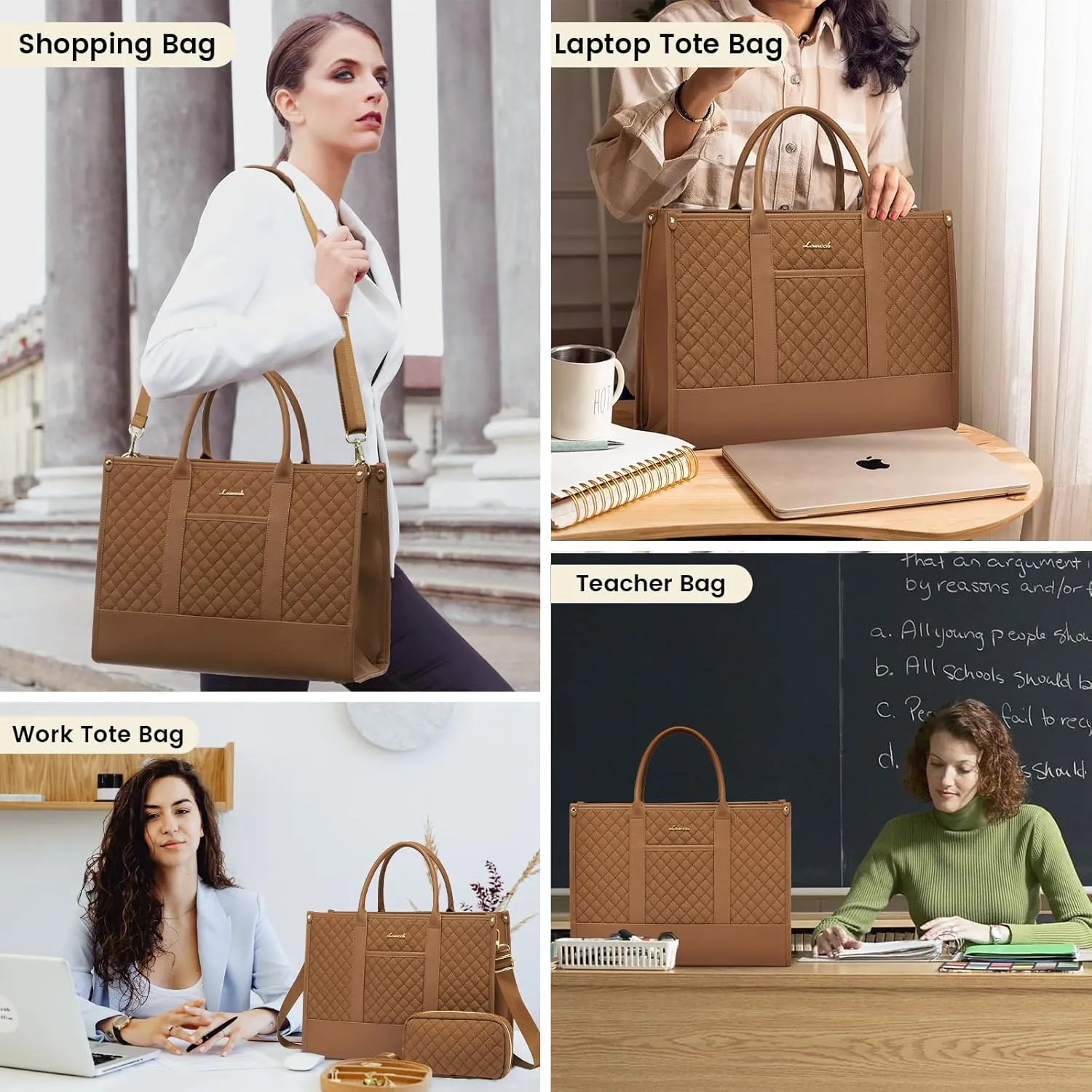 LOVEVOOK Laptop Bags for Women, 15.6 inch Waterproof Work Tote Bag with Clutch, Professional Teacher Computer Purse Lightweight Shoulder Bag Travel, Quilted Brown