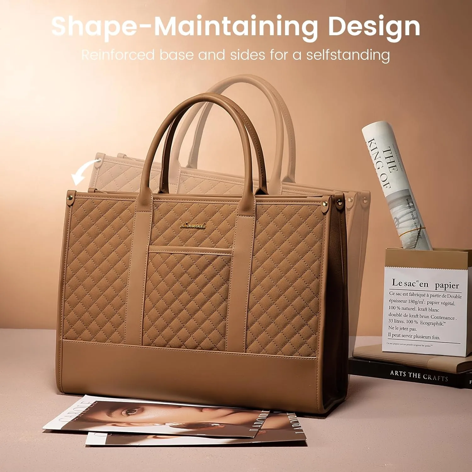 LOVEVOOK Laptop Bags for Women, 15.6 inch Waterproof Work Tote Bag with Clutch, Professional Teacher Computer Purse Lightweight Shoulder Bag Travel, Quilted Brown