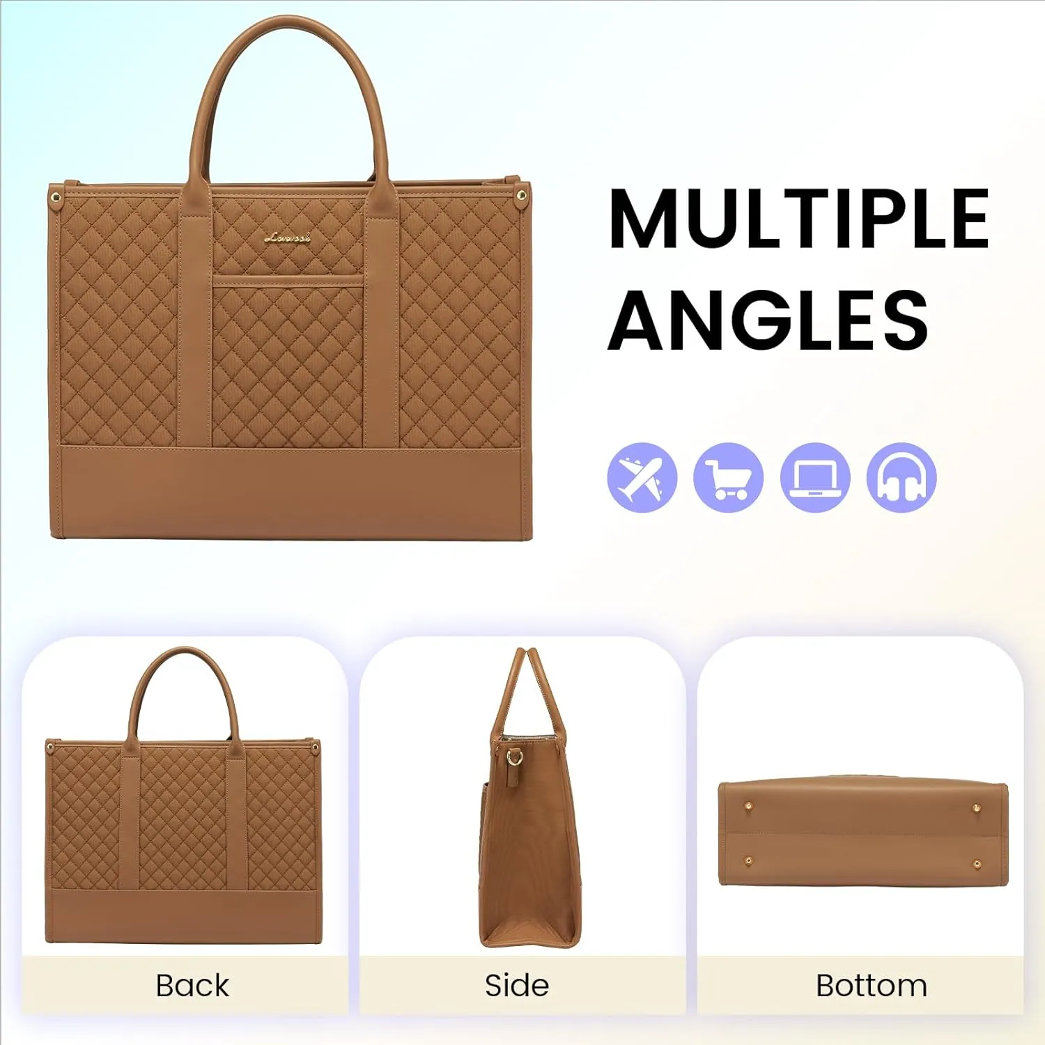 LOVEVOOK Laptop Bags for Women, 15.6 inch Waterproof Work Tote Bag with Clutch, Professional Teacher Computer Purse Lightweight Shoulder Bag Travel, Quilted Brown