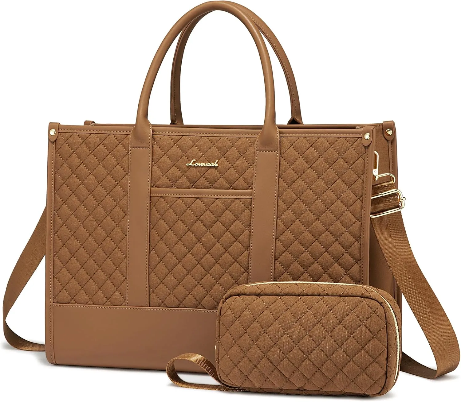 LOVEVOOK Laptop Bags for Women, 15.6 inch Waterproof Work Tote Bag with Clutch, Professional Teacher Computer Purse Lightweight Shoulder Bag Travel, Quilted Brown