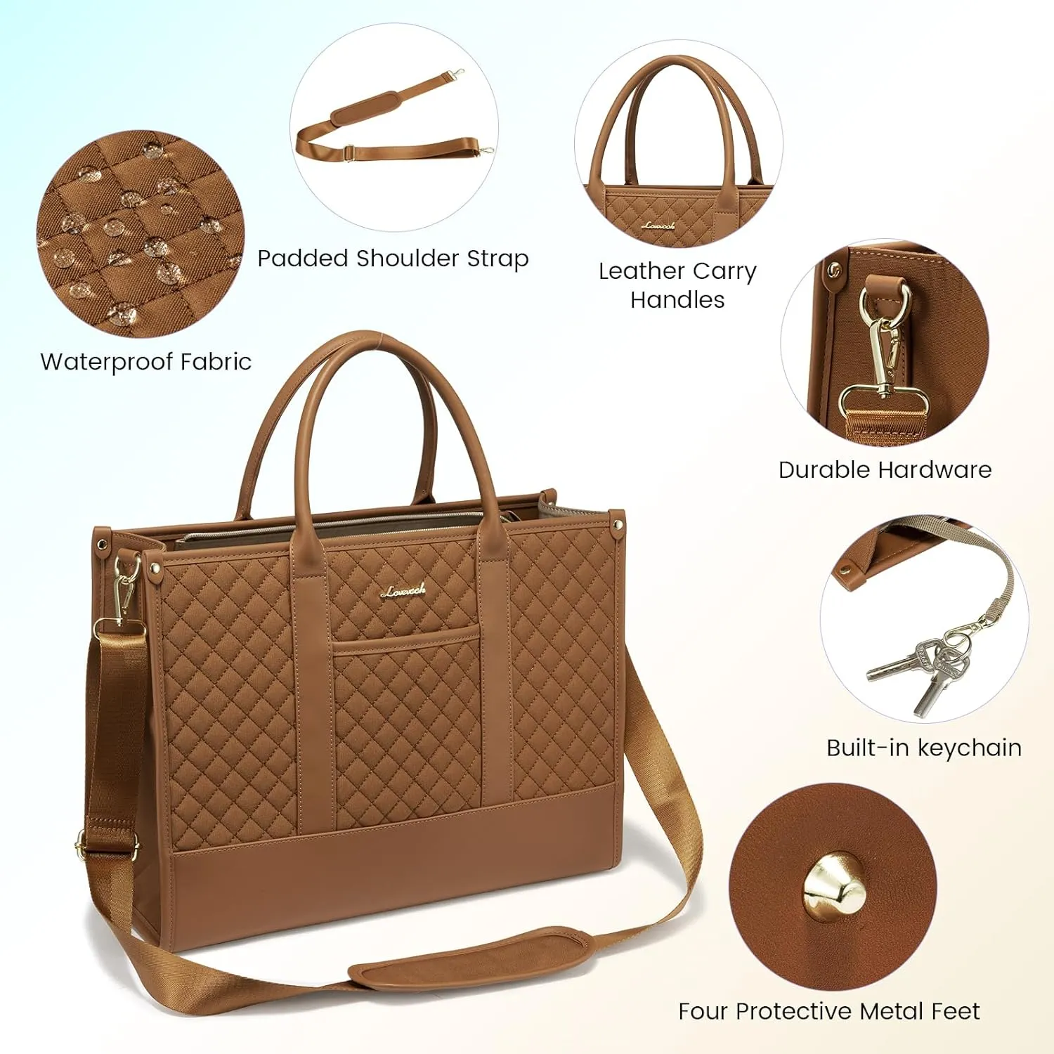 LOVEVOOK Laptop Bags for Women, 15.6 inch Waterproof Work Tote Bag with Clutch, Professional Teacher Computer Purse Lightweight Shoulder Bag Travel, Quilted Brown