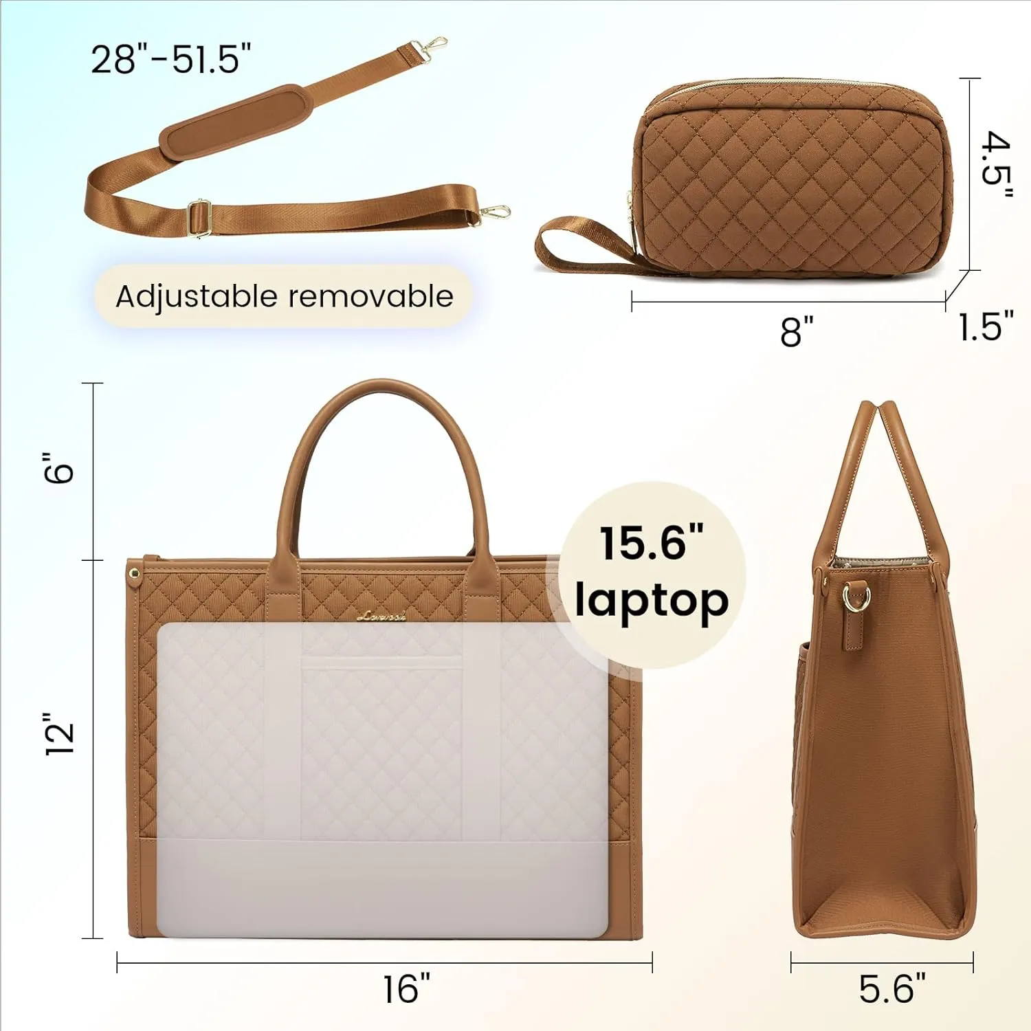 LOVEVOOK Laptop Bags for Women, 15.6 inch Waterproof Work Tote Bag with Clutch, Professional Teacher Computer Purse Lightweight Shoulder Bag Travel, Quilted Brown
