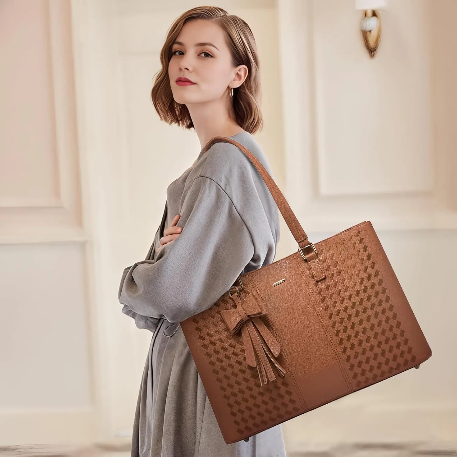 LOVEVOOK Laptop Tote Bag for Women 15.6 Inch Waterproof Leather Computer Bags Women Business Office Work Bag Briefcase,Brown