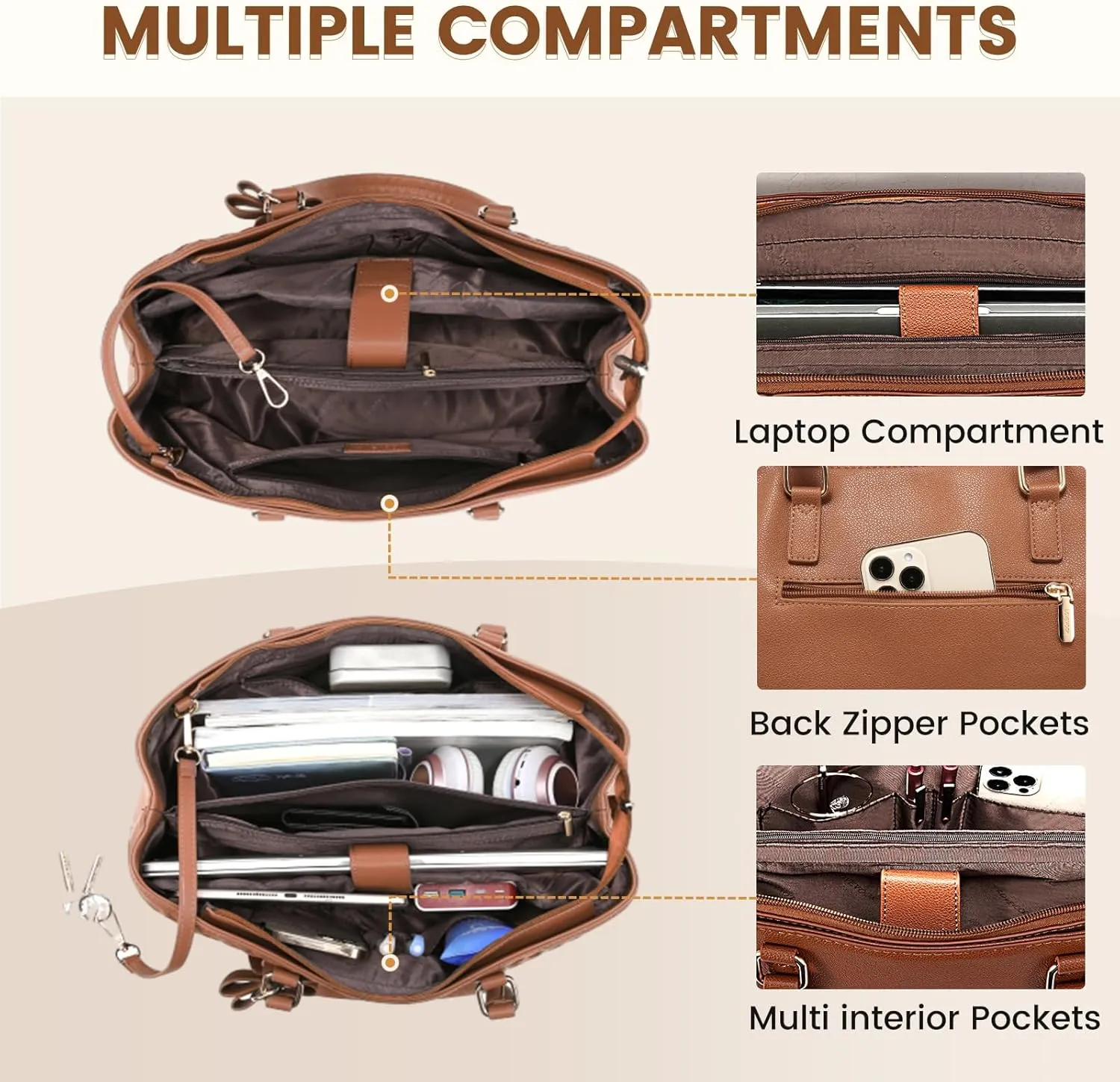 LOVEVOOK Laptop Tote Bag for Women 15.6 Inch Waterproof Leather Computer Bags Women Business Office Work Bag Briefcase,Brown