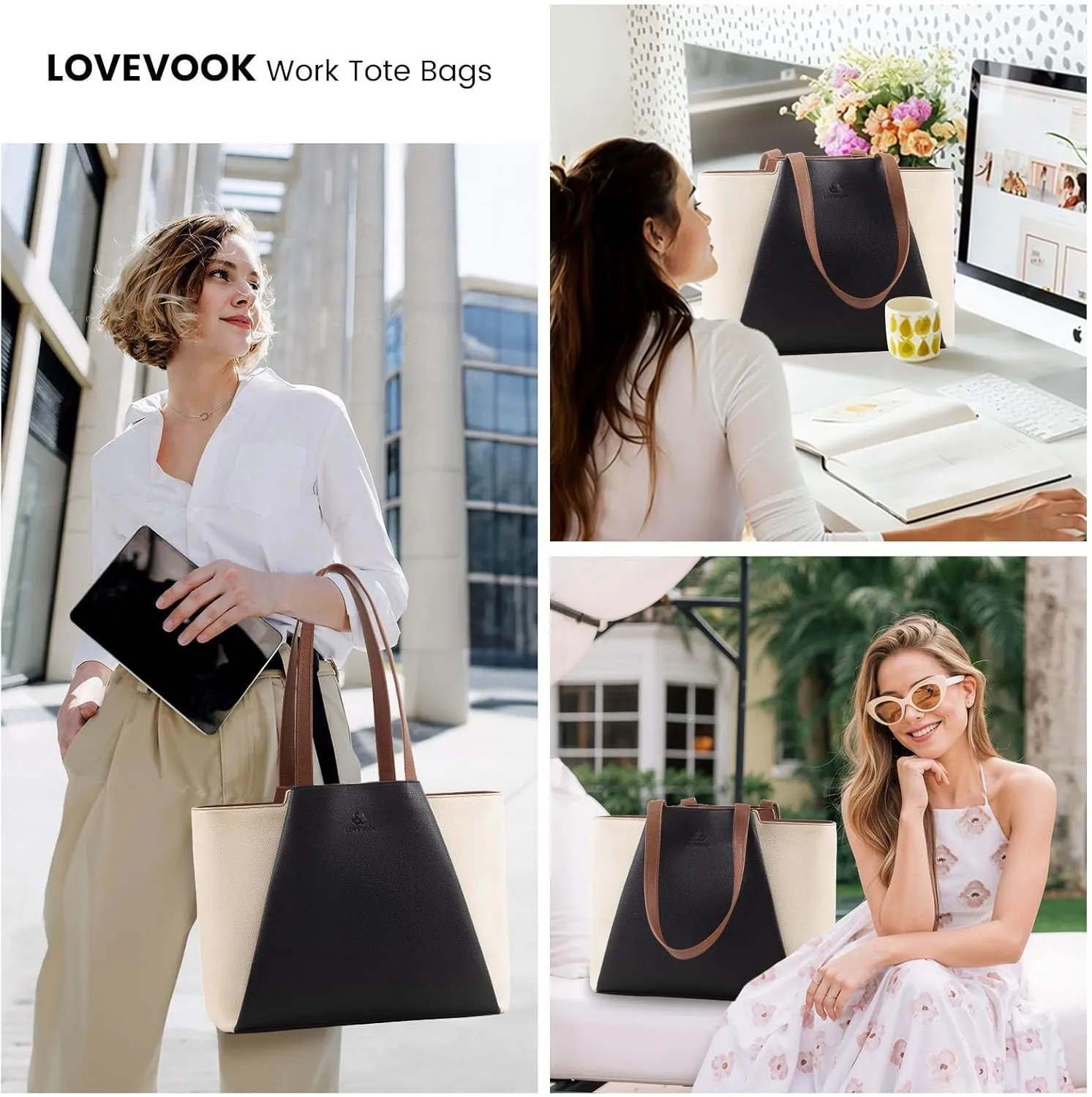 LOVEVOOK Laptop Tote Bag for Women 15.6 Inch Work Bag Leather Laptop Bag with Clutch, Large Capacity Office Purse Computer Briefcase Shoulder Bag for Casual Business Travel, Beige & Black