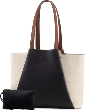 LOVEVOOK Laptop Tote Bag for Women 15.6 Inch Work Bag Leather Laptop Bag with Clutch, Large Capacity Office Purse Computer Briefcase Shoulder Bag for Casual Business Travel, Beige & Black