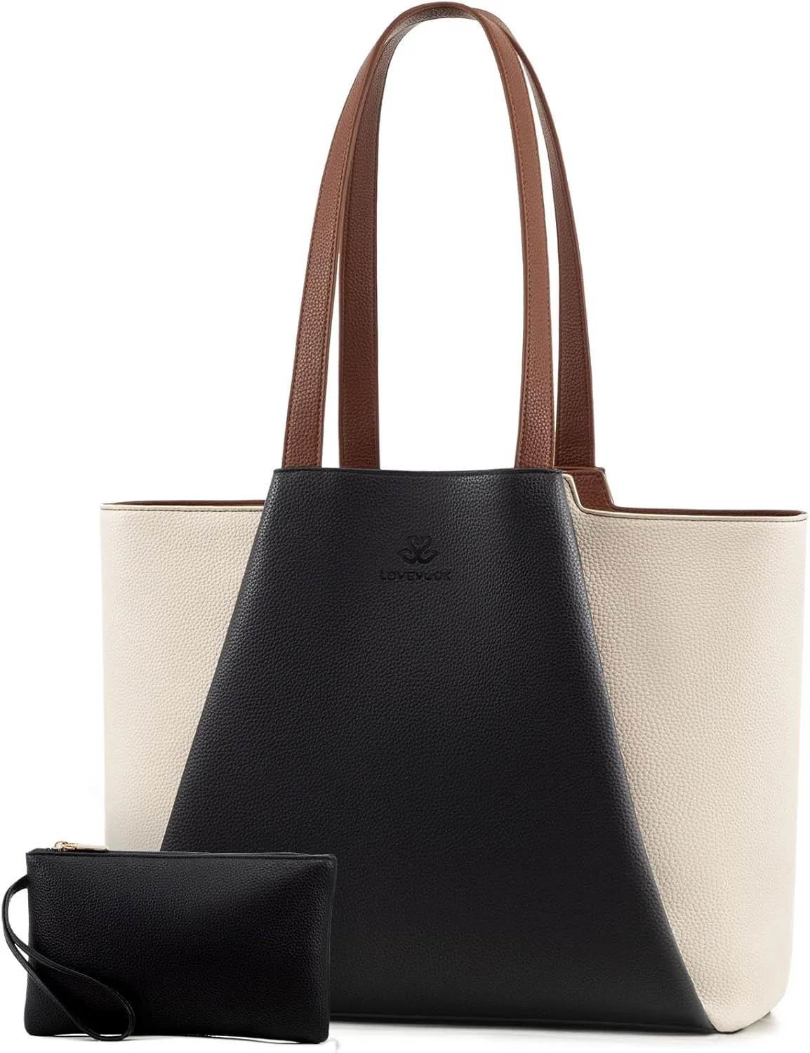 LOVEVOOK Laptop Tote Bag for Women 15.6 Inch Work Bag Leather Laptop Bag with Clutch, Large Capacity Office Purse Computer Briefcase Shoulder Bag for Casual Business Travel, Beige & Black