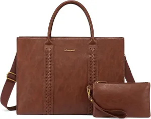 LOVEVOOK Laptop Tote Bag for Women, Vintage Leather Work Bags 17 inch Laptop Bag, Waterproof Professional Computer Bag Business Office Briefcase Large Shoulder Bag Handbag, Brown