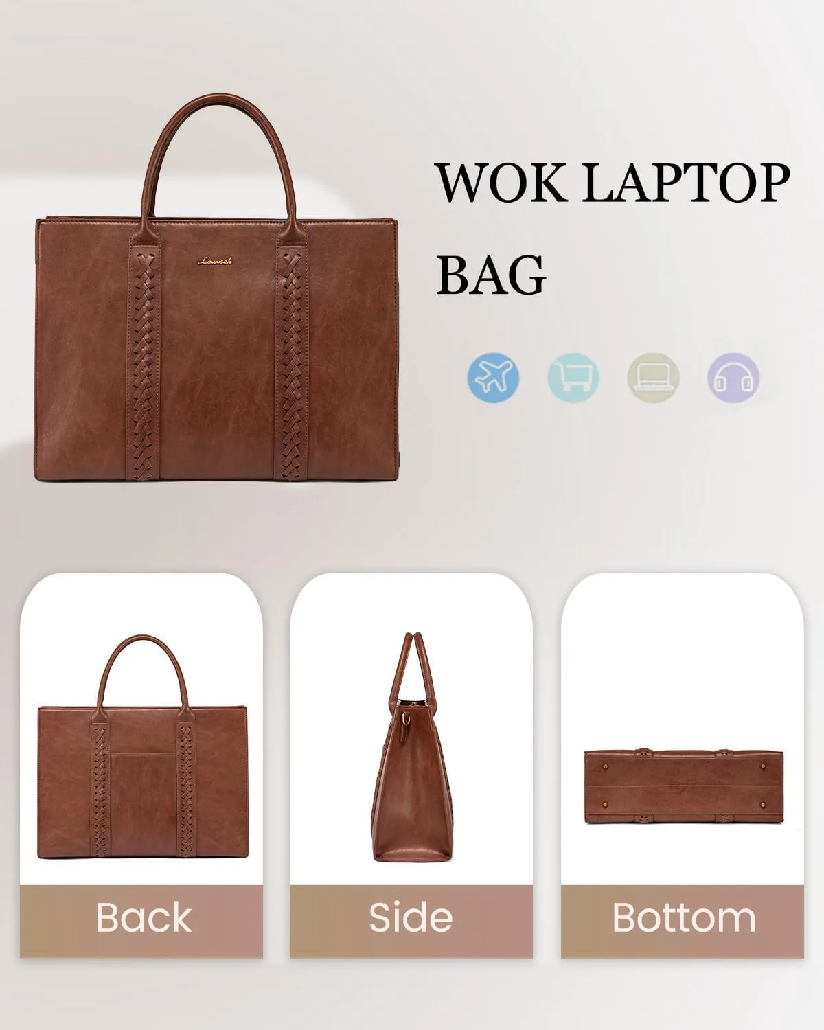 LOVEVOOK Laptop Tote Bag for Women, Vintage Leather Work Bags 17 inch Laptop Bag, Waterproof Professional Computer Bag Business Office Briefcase Large Shoulder Bag Handbag, Brown