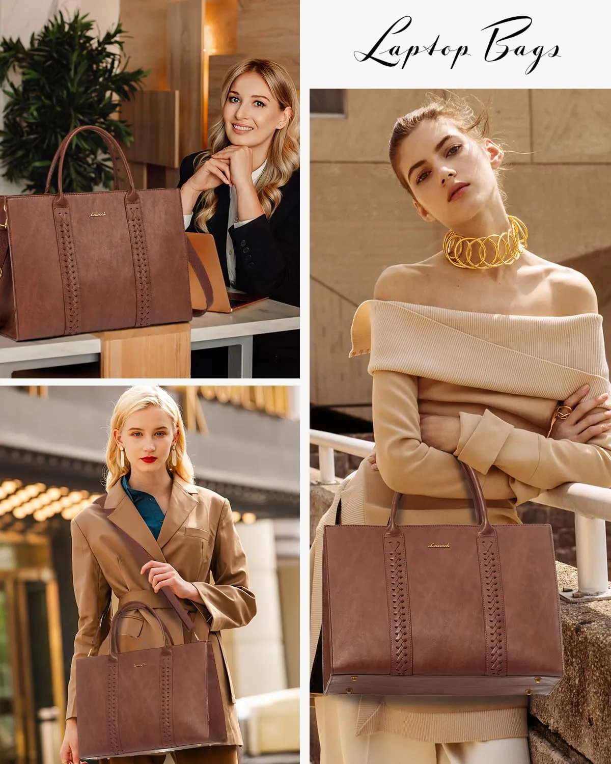 LOVEVOOK Laptop Tote Bag for Women, Vintage Leather Work Bags 17 inch Laptop Bag, Waterproof Professional Computer Bag Business Office Briefcase Large Shoulder Bag Handbag, Brown