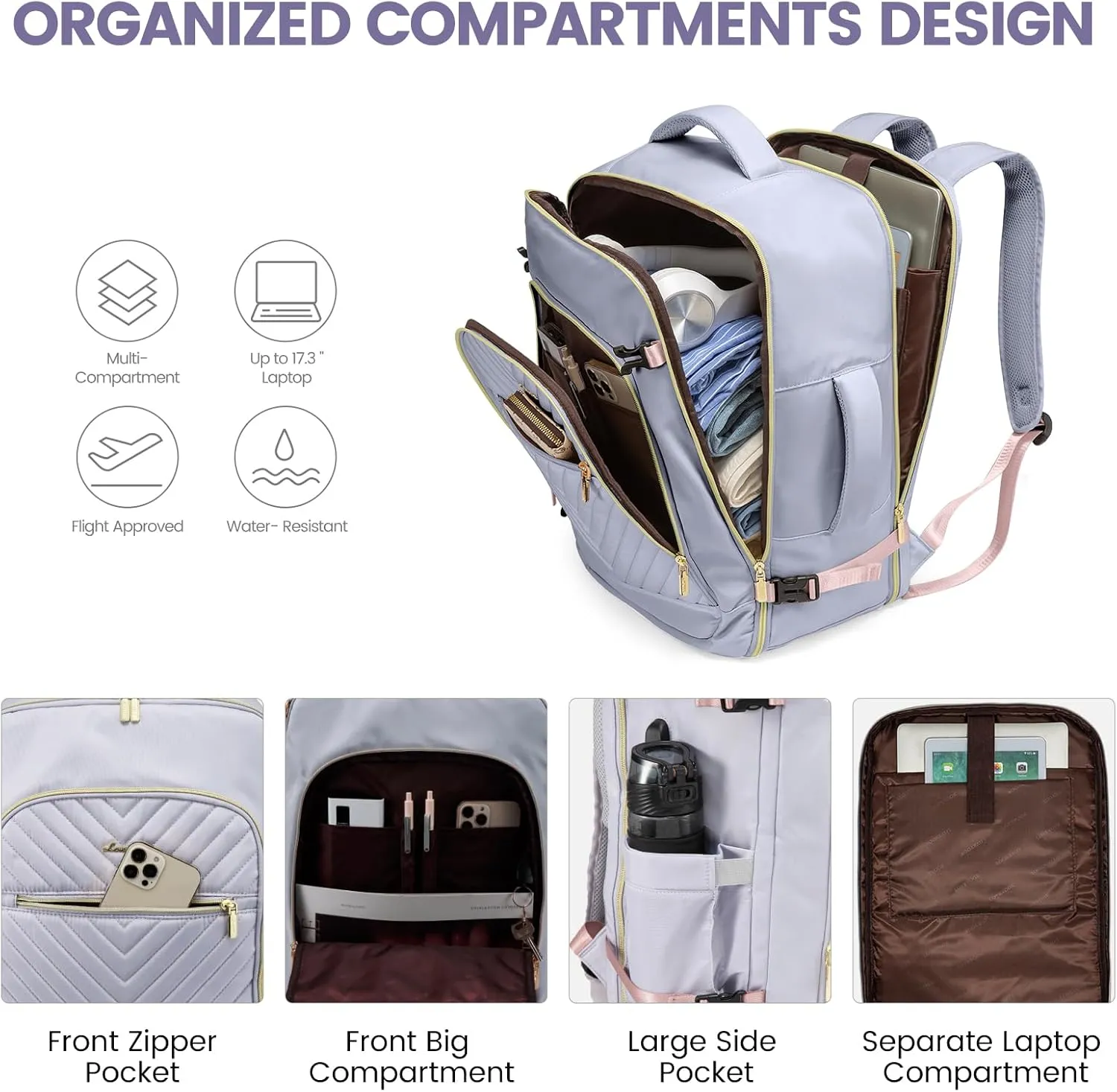 LOVEVOOK Large Travel Backpack for Women,Carry on Backpack Flight Approved with Shoe Bag,Personal Item Backpack Travel Bag with 2 Storage Containers,TSA Fit 17inch Laptop Luggage with USB Port