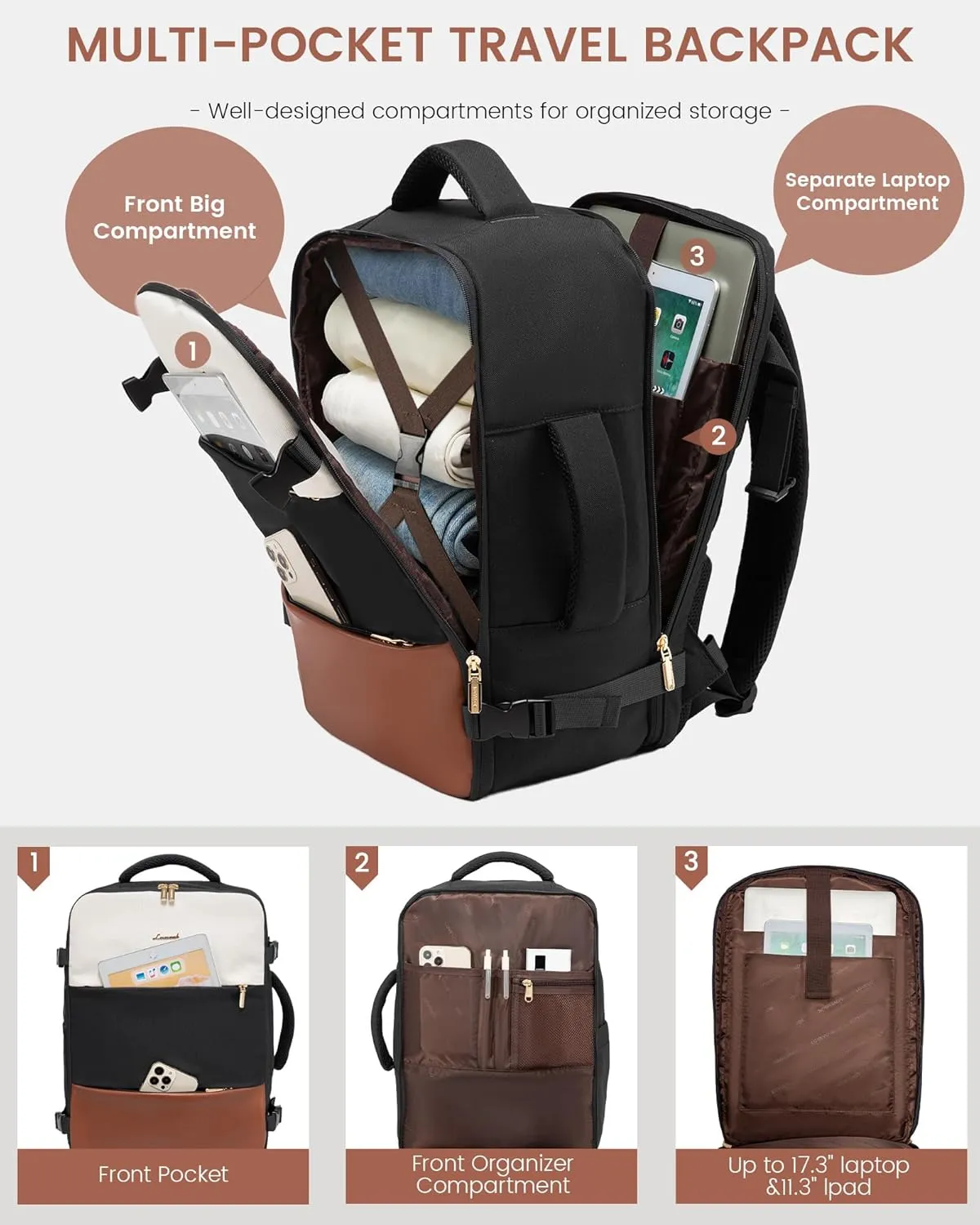 LOVEVOOK Travel Backpack for Women,40L Carry On Backpack Flight Approved with 3 Packing Cubes,TSA Personal Item Travel Bag Fits 17.3” Laptop,Weekender Hiking Business Luggage Daypack Beige Black Brown