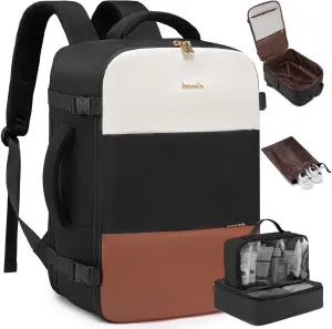 LOVEVOOK Travel Backpack for Women,40L Carry On Backpack Flight Approved with 3 Packing Cubes,TSA Personal Item Travel Bag Fits 17.3” Laptop,Weekender Hiking Business Luggage Daypack Beige Black Brown