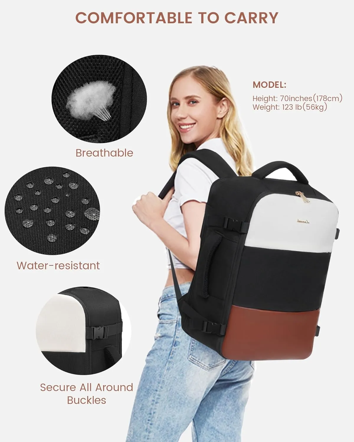 LOVEVOOK Travel Backpack for Women,40L Carry On Backpack Flight Approved with 3 Packing Cubes,TSA Personal Item Travel Bag Fits 17.3” Laptop,Weekender Hiking Business Luggage Daypack Beige Black Brown