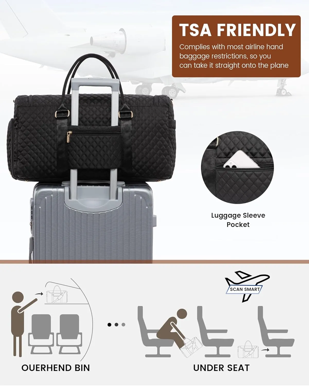 LOVEVOOK Travel Duffle Bag, 50L Weekender Overnight Bag with Toiletry Bag, Quilted Carry On Bag with Shoe Compartment, Gym Duffel Bag with Wet Pocket for Women, Hospital Bags for Labor and Delivery