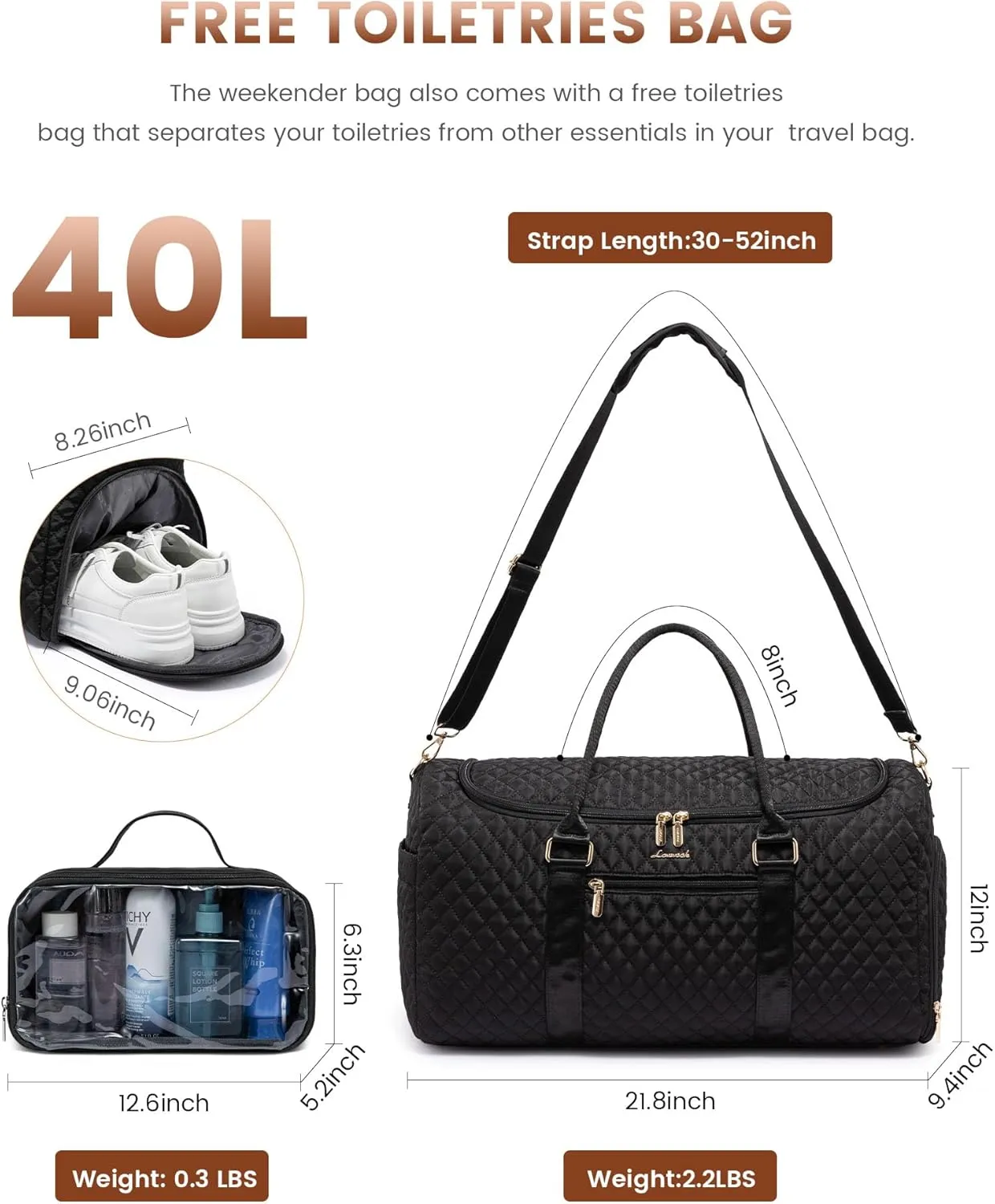 LOVEVOOK Travel Duffle Bag, 50L Weekender Overnight Bag with Toiletry Bag, Quilted Carry On Bag with Shoe Compartment, Gym Duffel Bag with Wet Pocket for Women, Hospital Bags for Labor and Delivery