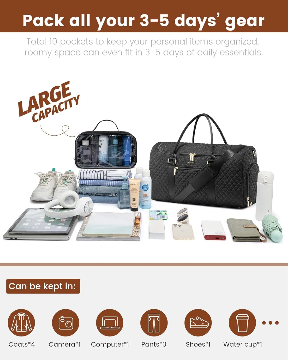 LOVEVOOK Travel Duffle Bag, 50L Weekender Overnight Bag with Toiletry Bag, Quilted Carry On Bag with Shoe Compartment, Gym Duffel Bag with Wet Pocket for Women, Hospital Bags for Labor and Delivery