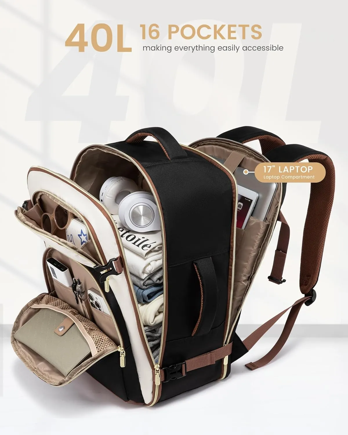 LOVEVOOK Travel Essentials Carry on Backpack 40L Travel Backpack for Women Men,Waterproof TSA Personal Item Travels Bag Airline Flight Approved,Large Carry on Luggage Laptop Backpack with Packing Cube