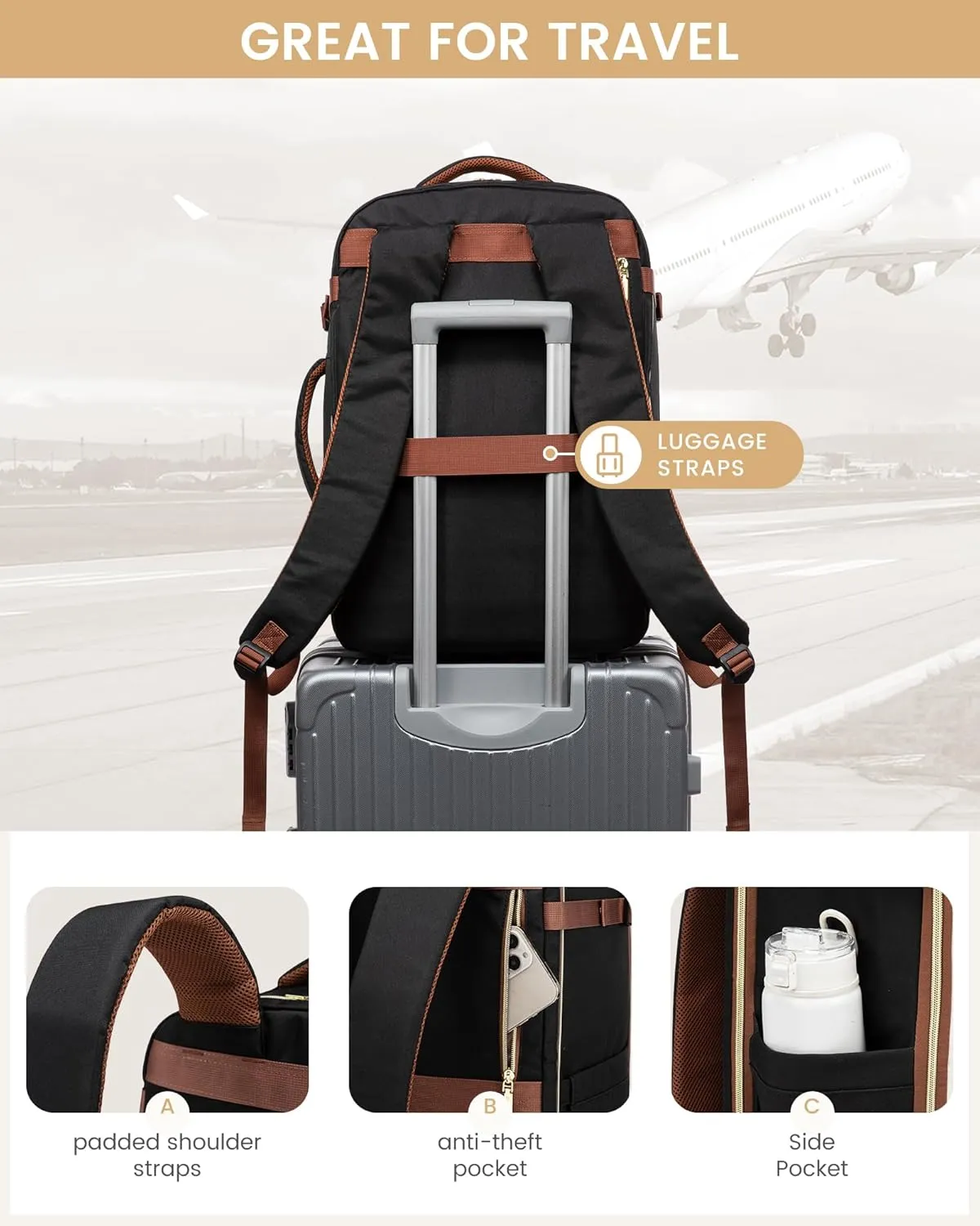 LOVEVOOK Travel Essentials Carry on Backpack 40L Travel Backpack for Women Men,Waterproof TSA Personal Item Travels Bag Airline Flight Approved,Large Carry on Luggage Laptop Backpack with Packing Cube