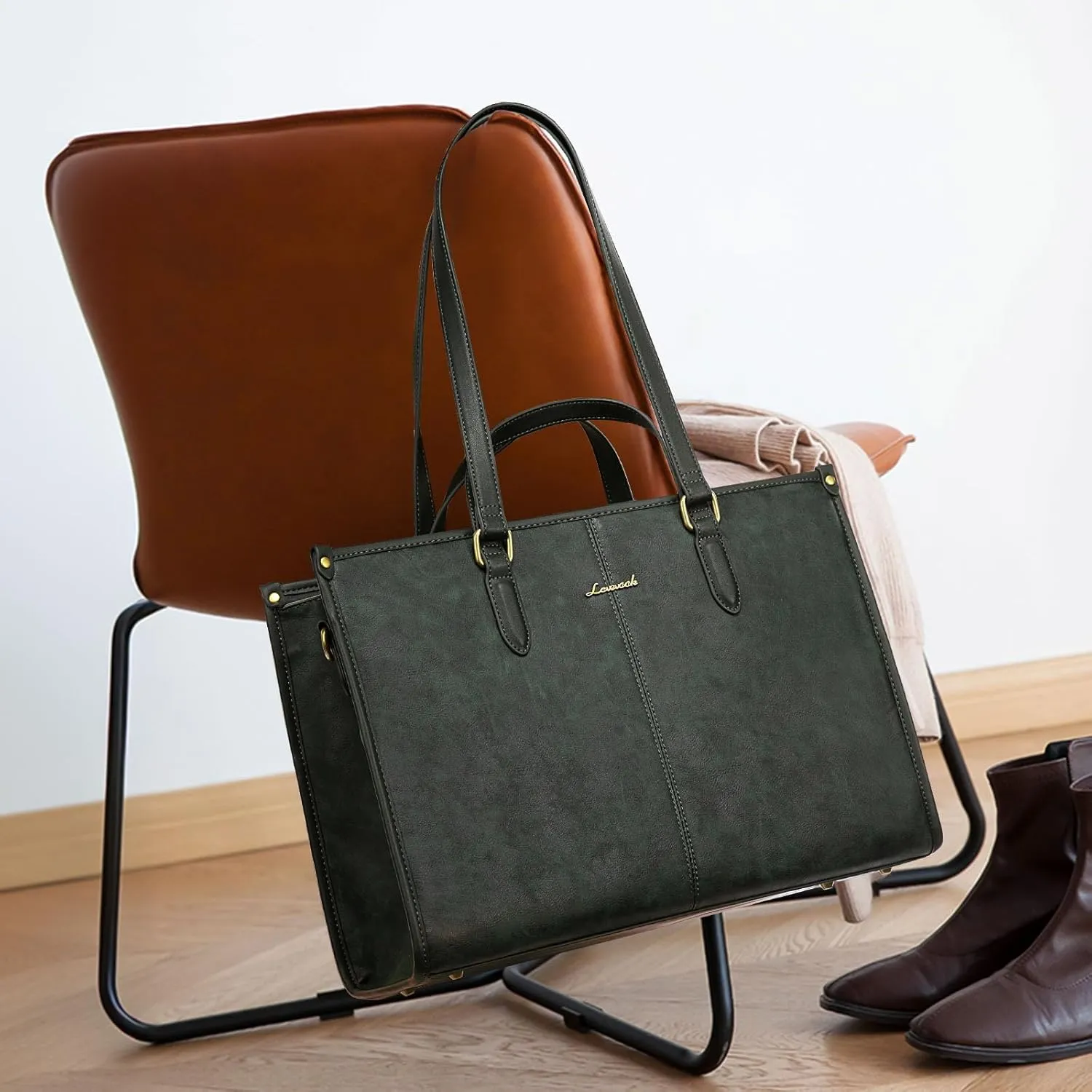 LOVEVOOK Vintage Leather Laptop Tote Bag with Clutch - 15.6 Inch Work Bag for Women, Business, Office, Teacher