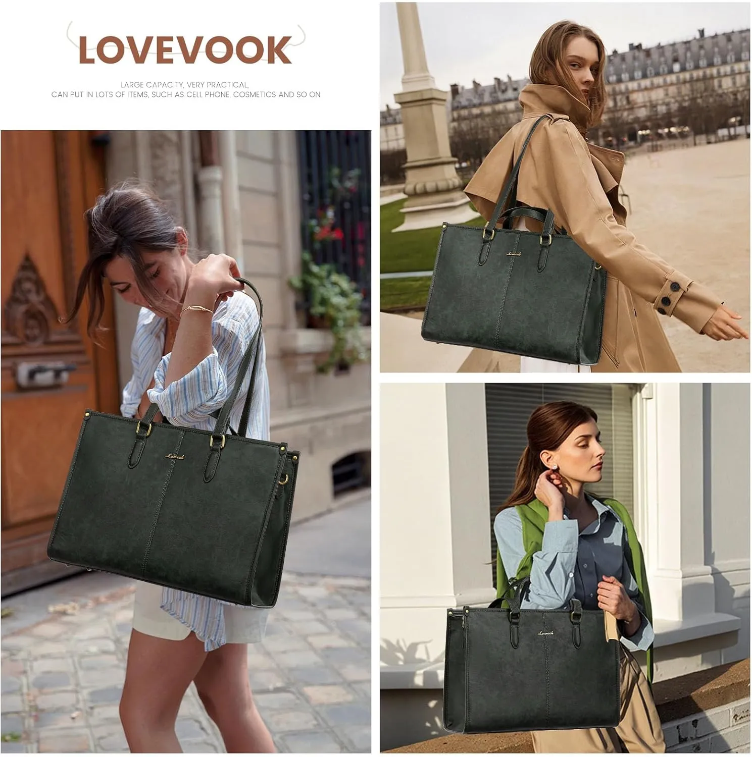 LOVEVOOK Vintage Leather Laptop Tote Bag with Clutch - 15.6 Inch Work Bag for Women, Business, Office, Teacher