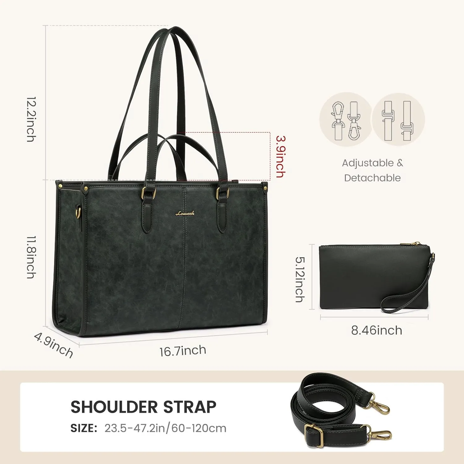 LOVEVOOK Vintage Leather Laptop Tote Bag with Clutch - 15.6 Inch Work Bag for Women, Business, Office, Teacher