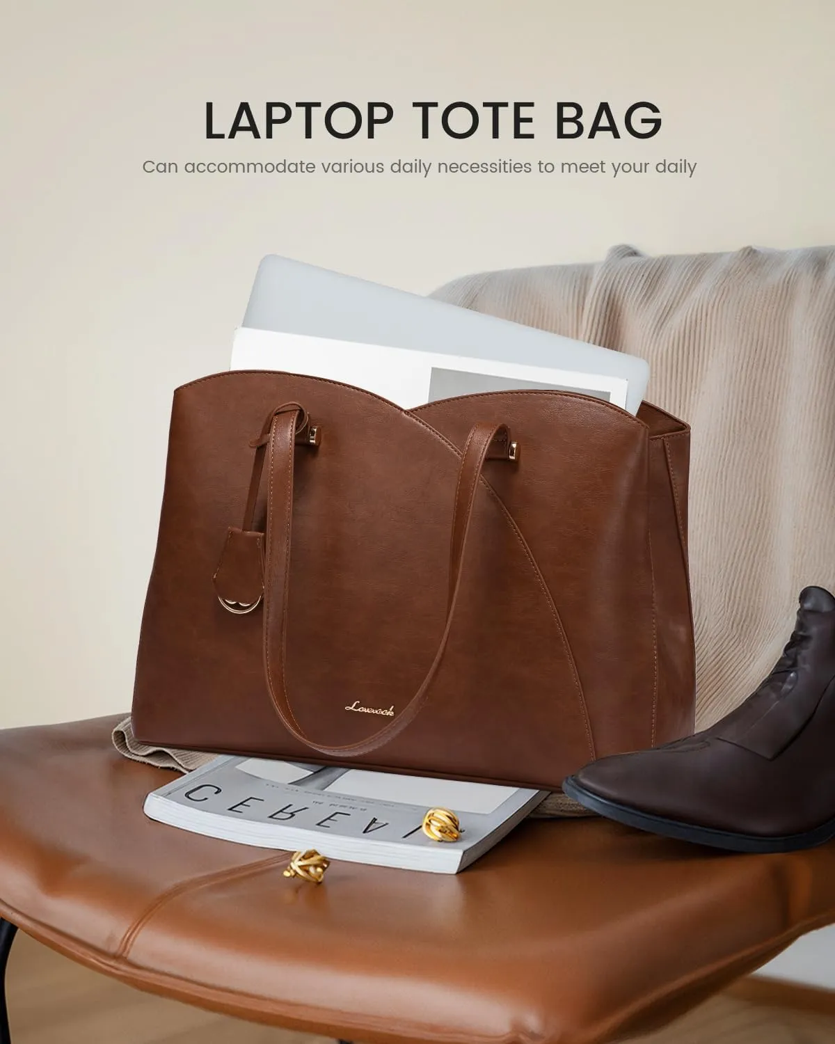 LOVEVOOK Work Tote Bag for Women, Vintage Leather Laptop Bag Teacher Tote Bag, Professional 15.6 Inch Computer Bag, Large Tote Purse Handbag With Laptop Compartment, Dark Brown