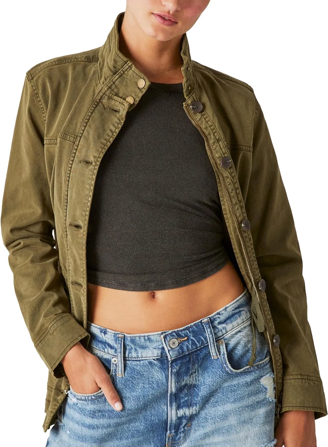 Lucky Brand Women's Long Sleeve Button Up Two Pocket Utility Jacket