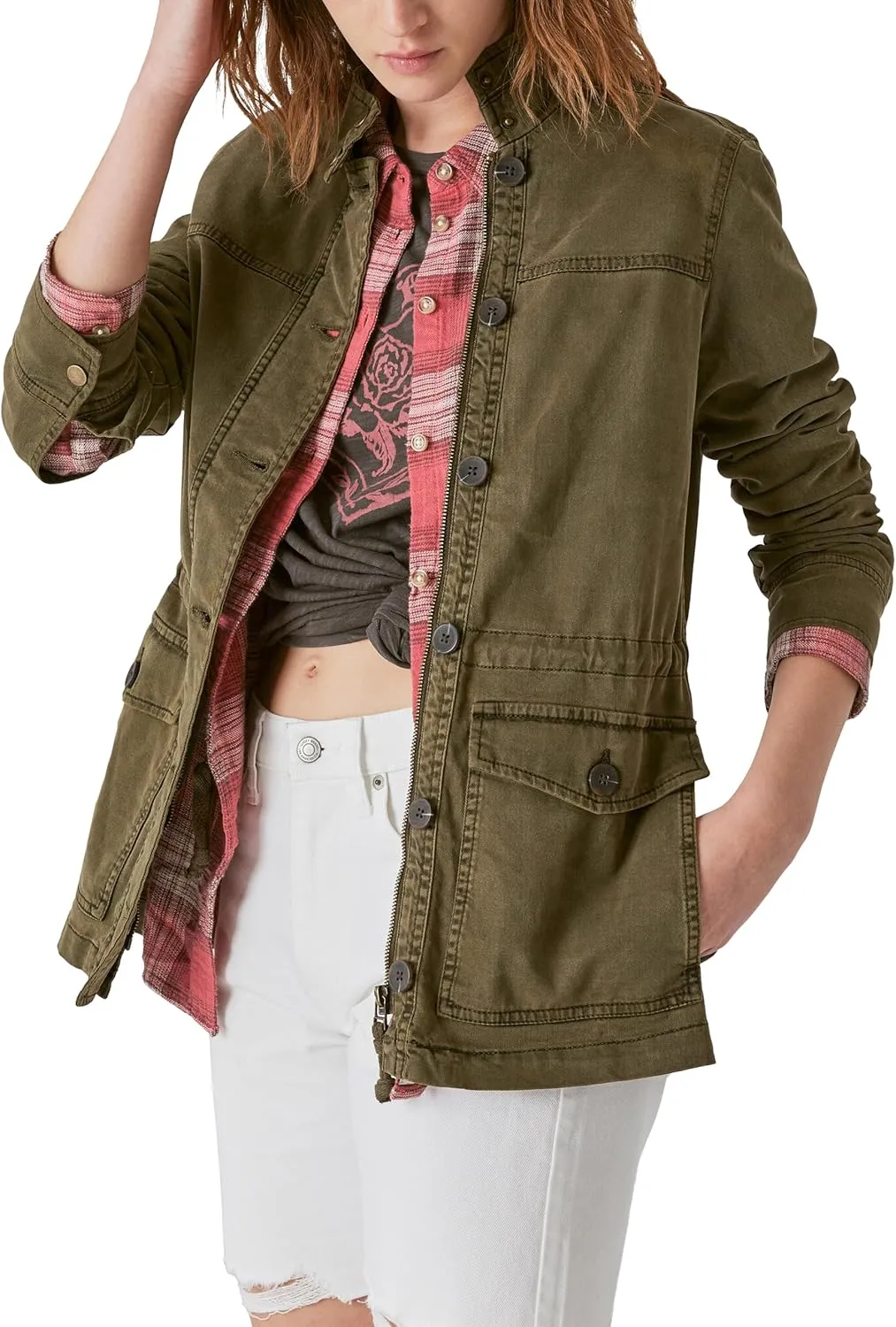 Lucky Brand Women's Long Sleeve Button Up Two Pocket Utility Jacket