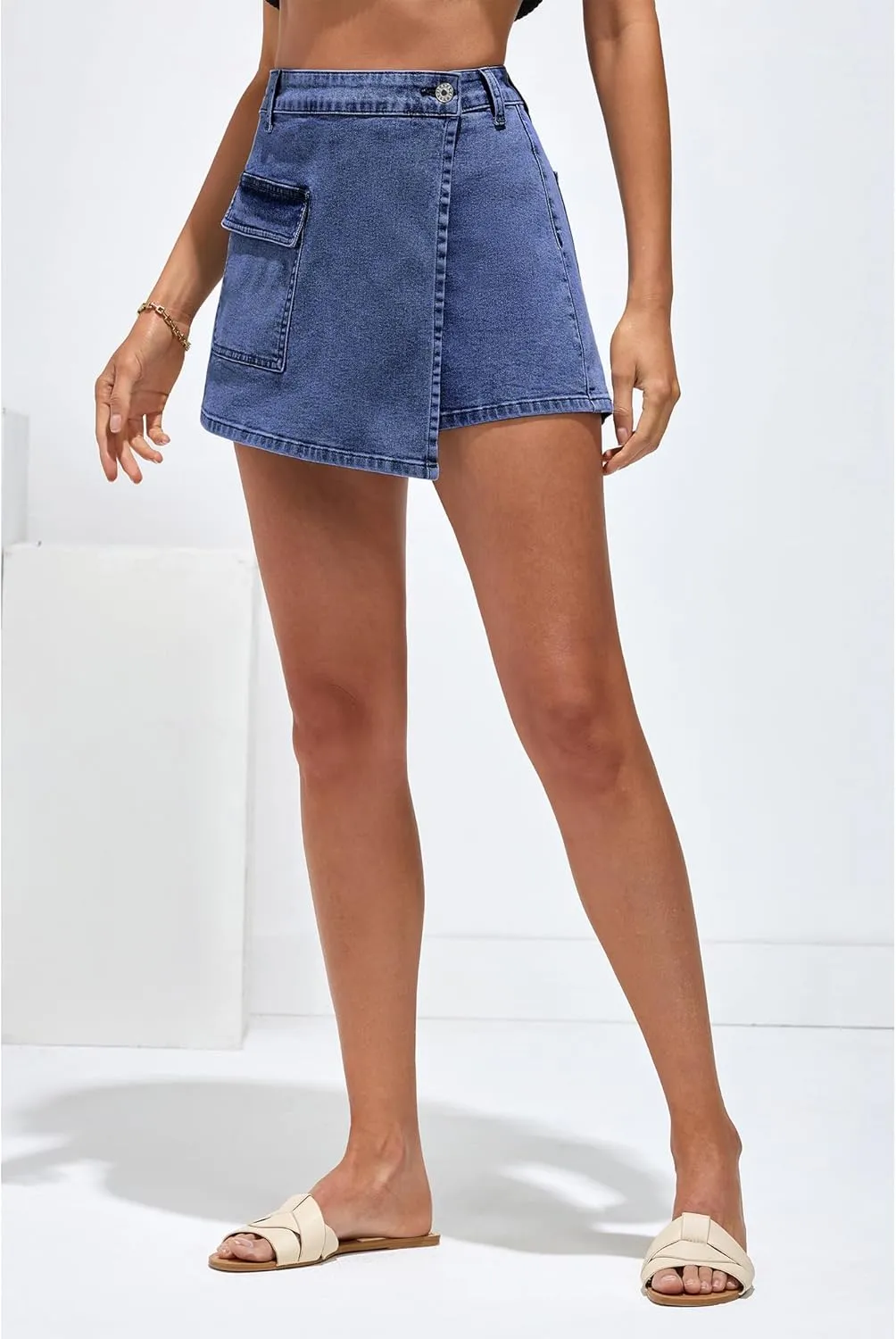 luvamia Denim Skorts for Woman Cargo Faux Wrap Jean Skort Skirts Stretchy High Waisted Skirt Shorts Country Concert Wear