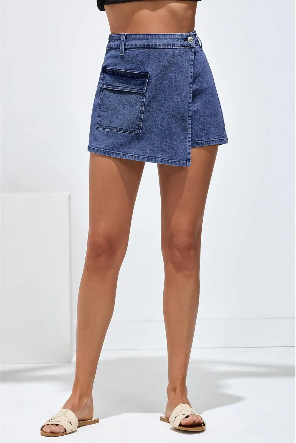 luvamia Denim Skorts for Woman Cargo Faux Wrap Jean Skort Skirts Stretchy High Waisted Skirt Shorts Country Concert Wear