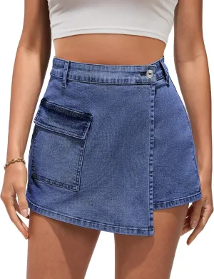 luvamia Denim Skorts for Woman Cargo Faux Wrap Jean Skort Skirts Stretchy High Waisted Skirt Shorts Country Concert Wear